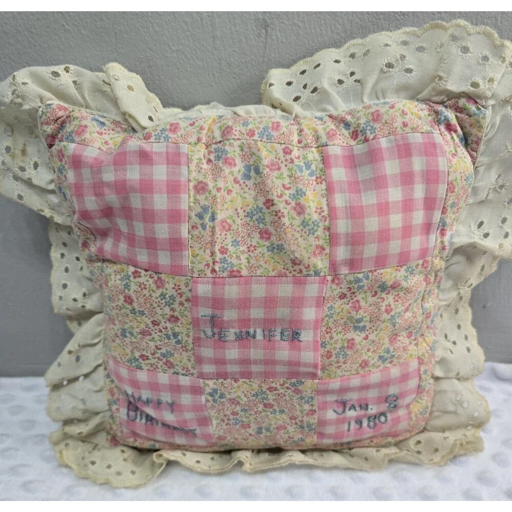 Ruffle Gingham Pillow Pink Cottagecore Embroidered Happy Birthday 10” Jennifer